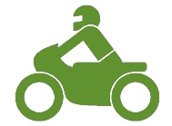 Grün gefärbtes Piktogramm eines Motorradfahrers mit Helm auf einem Motorrad in Seitenansicht
